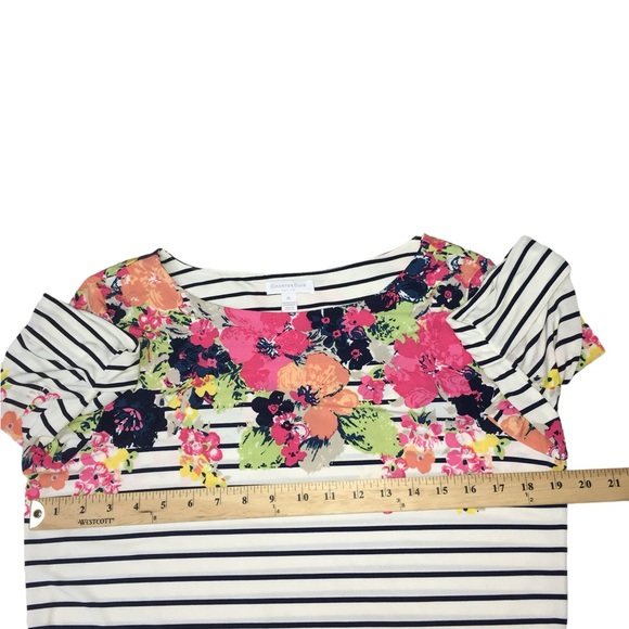 Charter Club Striped Floral Belted Stretch Top Blouse - Women’s PL Petite Large - Picture 2 of 10